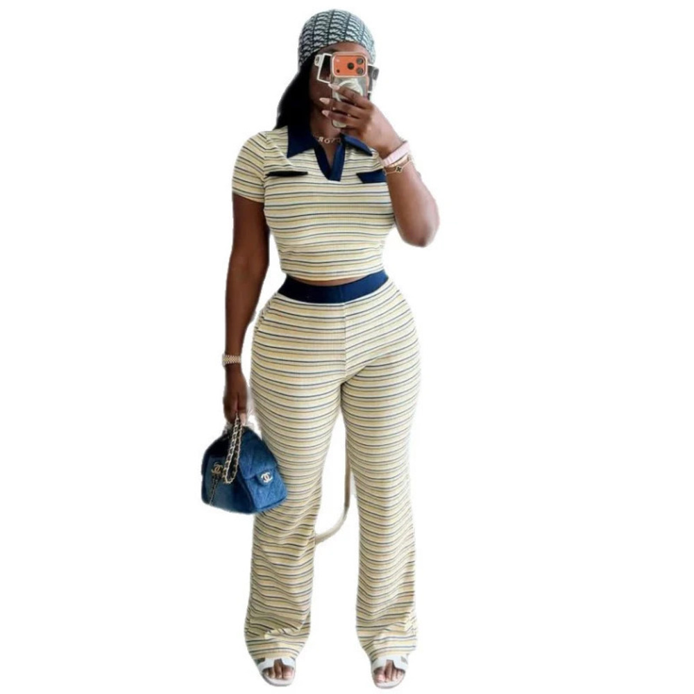ZARA African Short Sleeve Slim Striped Button Down Shirt Casual Pants Women Set